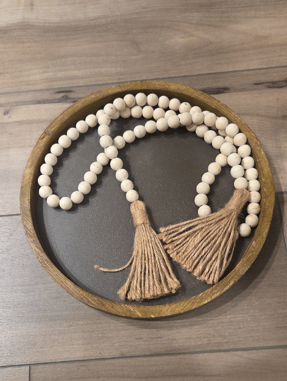 Wooden Tray With Wooden Bead Garland with Jute Tassels
